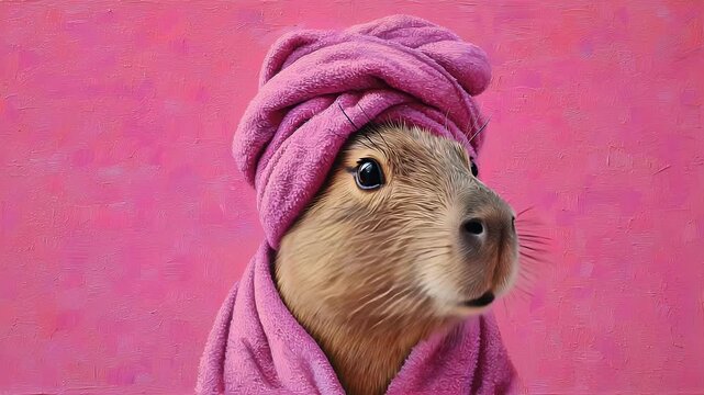 A cute capybara with a towel, wearing a large head towel, set against a vivid pink background in an oil painting style