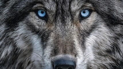 Detailed close up portrait of wolf with icy blue eyes sharp fur textures and intense gaze dramatic wildlife realism