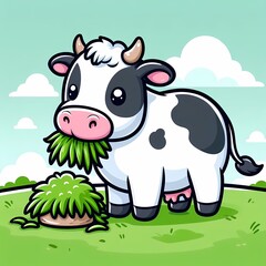 Charming cartoon cow happily grazing lush green grass in a serene pasture landscape