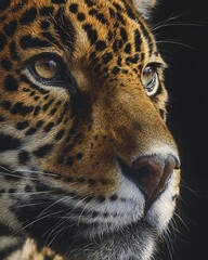 Detailed close up portrait of jaguar with golden fur rosette markings and piercing gaze in realism