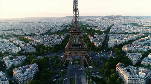Scenic Aerial View of the Eiffel Tower in Paris During Golden Hour