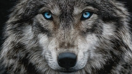 Detailed close up portrait of wolf with icy blue eyes sharp fur textures and intense gaze dramatic wildlife realism