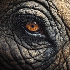 Extreme close up of African elephant eye textured wrinkled skin in sharp clarity realistic wildlife macro detail