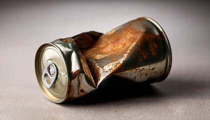 crushed rusty tin can with dents and corroded surface
