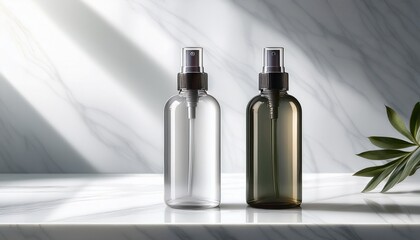 Fototapeta premium two cosmetic spray bottles placed on a white marble surface with soft daylight shadows showcasing a clean and minimalist skincare aesthetic