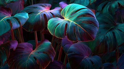 Obraz premium Lush vibrant monstera leaves create stunning botanical tropical pattern with illuminated glowing effect in artistic detail