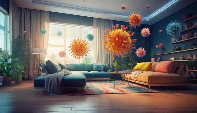 airborne bacteria and viruses floating inside a modern home living room generative ai