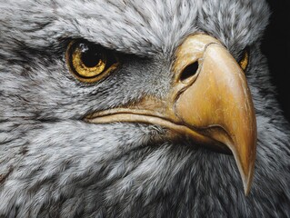 Hyper detailed close up of bald eagle with yellow eyes and hooked beak feathers captured in stunning realism