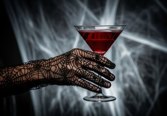 A gloved hand holding a martini glass filled with red liquid, against a backdrop of spiderwebs