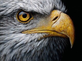 Hyper detailed close up of bald eagle with yellow eyes and hooked beak feathers captured in stunning realism