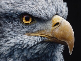 Hyper detailed close up of bald eagle with yellow eyes and hooked beak feathers captured in stunning realism