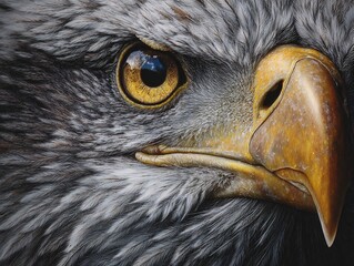 Hyper detailed close up of bald eagle with yellow eyes and hooked beak feathers captured in stunning realism