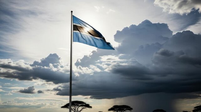 dramatic scene of botswana's flag waving against backdrop of cloudy sky and distant storm. african landscape, patriotic theme. national celebration, travel