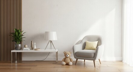 Create a calming, nurturing atmosphere in your designs with this modern living room scene featuring a plush armchair and teddy bear