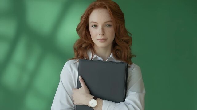 Focused Professional: A confident individual with striking red hair and piercing eyes, cradling a sleek folder, projects an aura of competence and poise. This shot, bathed in subtle light.