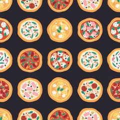 Seamless pattern with cute tasty hand drawn Italian pizza. Doodle pizza print for banner, wallpaper, textile, wrapping paper, background, cards. Vector illustration in flat style