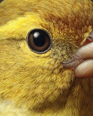 Hyper detailed close up of canary face with yellow feathers and sharp eye details in lifelike realism