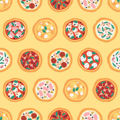 Seamless pattern with cute tasty hand drawn Italian pizza. Doodle pizza print for banner, wallpaper, textile, wrapping paper, background, cards. Vector illustration in flat style