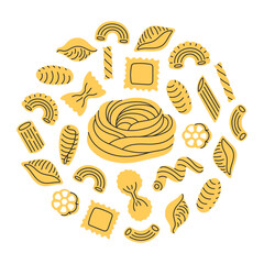Different types of pasta. Hand drawn doodle macaroni, farfalle, penne, fusilli, stellino, ruot, ditalini. Italian cuisine gourmet food elements. Vector illustration in trendy flat style