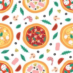 Seamless pattern with cute tasty hand drawn Italian pizza. Doodle pizza print for banner, wallpaper, textile, wrapping paper, background, cards. Vector illustration in flat style
