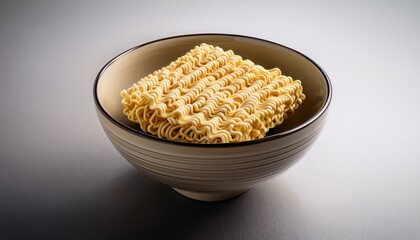 clear bowl of dry instant noodle block for cooking preparation