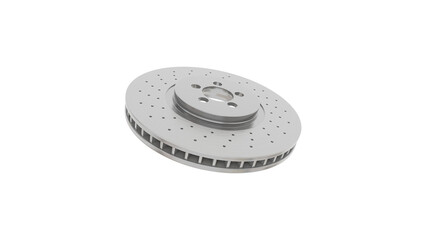 CAR BREAK DISK ISOLATED ON WHITE , Metallic disc brake features a perforated surface for enhanced cooling and performance, typically used in automotive applications.