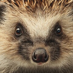 Hyper detailed close up of hedgehog face with quills and bright eyes wildlife portrait in lifelike realism
