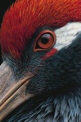 Hyper detailed close up of crane face with red crown feathers long beak and lifelike gaze
