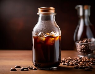 glass bottle of cold brew coffee with dark liquid inside