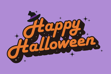 Happy Halloween Typography with Witch Hat on Purple Background