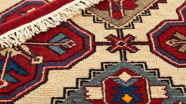 intricate traditional turkmen rug pattern featuring geometric designs in rich red, blue, and cream colors. bohemian and ethnic home decor. textile, interior design, cultural art.