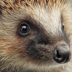 Hyper detailed close up of hedgehog face with quills and bright eyes wildlife portrait in lifelike realism