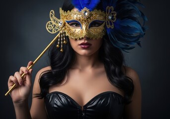 Fototapeta premium Elegant woman wearing a gold and blue ornate masquerade mask with feathers and holding a golden stick, looking at the camera