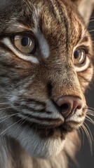 Hyper detailed close up of lynx face with tufted ears whiskers and piercing eyes in lifelike clarity