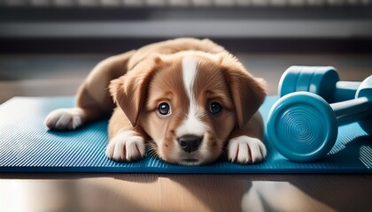 puppy laying on a yoga mat with a dumb dumbs on the floor