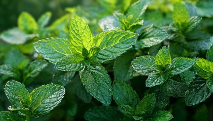 fresh mint leaves glistening with water droplets in a lush green garden after rain