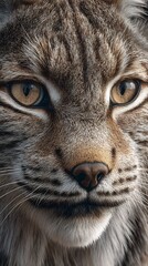 Hyper detailed close up of lynx face with tufted ears whiskers and piercing eyes in lifelike clarity