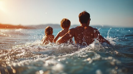 Father and children together enjoying summer holiday vacation swimming in the sea water sunlight