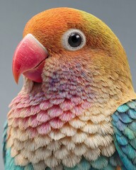 Hyper detailed close up of lovebird with colorful plumage and lifelike curved beak details
