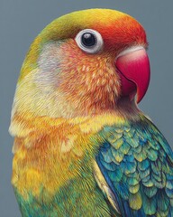 Hyper detailed close up of lovebird with colorful plumage and lifelike curved beak details