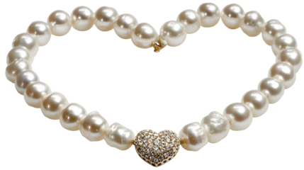Pearl necklace with diamond heart pendant isolated on transparent background