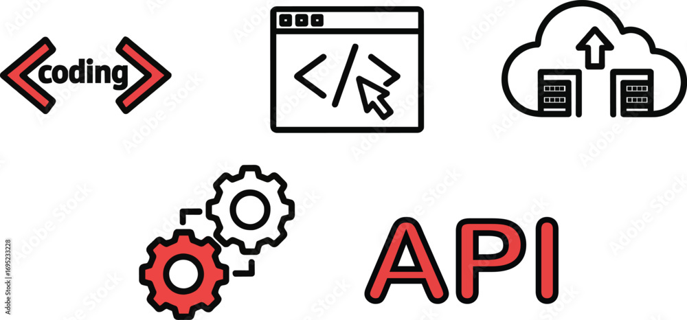 Wall mural set of software development line art icons. includes vector symbols for coding, cloud computing api 