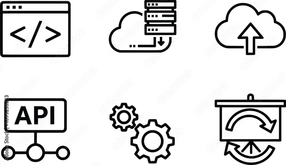 Wall mural web development icon set in a modern line art style. coding, cloud database and api symbols vector i