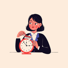 Woman adjusting clock hands symbolizing time management and deadlines.