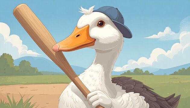 A cartoon duck wearing a baseball cap, holding a bat, in a rural baseball field setting