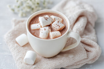 cozy cup of hot chocolate topped with fluffy marshmallows is set against clean ultrabright background