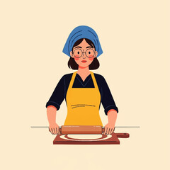 Woman wearing apron and headscarf rolling dough with a rolling pin.