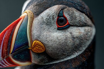 Hyper detailed close up of puffin with colorful beak and sharp feather details in lifelike realism