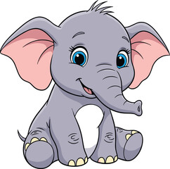 Cartoon baby elephant, sitting pose, cute animal character, vector illustration, big ears, blue eyes, children’s theme, playful design, friendly expression