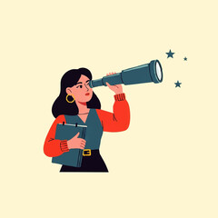 Woman with a telescope looking into the distance holding a notebook.